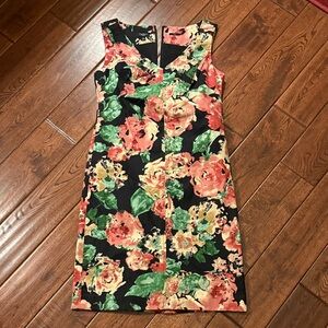 Talbots Black and Coral Floral Midi Dress